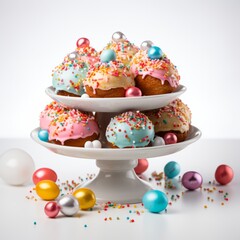 Vibrant Easter Sweets Assortment.
A platter of colourful Easter sweets and eggs, with festive decorations.