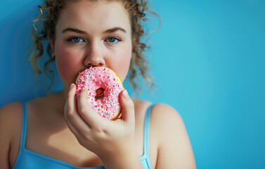 Wall Mural - Very fat girl eating a pink donut on a blue background