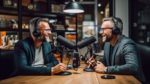 Two Men Are Doing A Podcast In A Podcast Studio With Professional Microphone