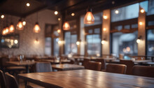 Lofty Chill Restaurant With Wooden Table And Depth Of Field , Blurred Background