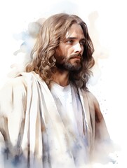 Wall Mural - Illustration portraying Jesus in a moment of contemplation with watercolor strokes that emphasize grace and introspection