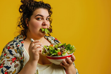 Wall Mural - Very fat girl eating healthy salad on coloured background benefits of healthy food for people