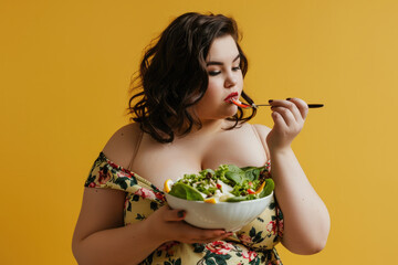 Wall Mural - Very fat girl eating healthy salad on coloured background benefits of healthy food for people