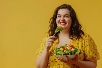 Wall Mural - Very fat girl eating healthy salad on coloured background benefits of healthy food for people