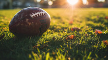Rugby Ball On Green Grass With Sun Flare And Fallen Leaves