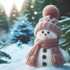 Poster - cute snowman in a knitted hat and scarf in a forest. winter background with copy space.