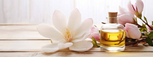 Canvas Print - bottle, jar with magnolia essential oil extract