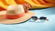 © venusvi - Beach accessories on a colored background sunglasses towel Summer sandals and hats