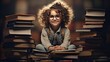 Happy little girl with reading glasses Sitting on top of stacked old books