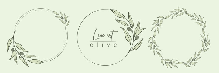 botanical line illustration set of olive leaves, branch wreath for wedding invitation and cards, log