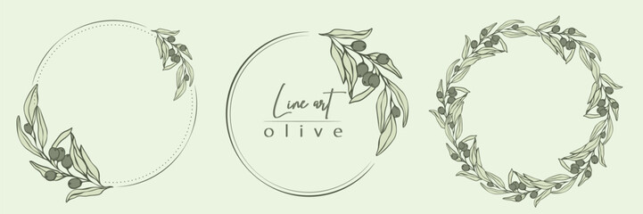Botanical line illustration set of olive leaves, branch wreath for wedding invitation and cards, logo design, web, social media and posters template. Elegant minimal style floral vector isolated. 
