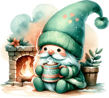 05 Mint Green Gnome Sipping Hot Cocoa By A Fireplace
