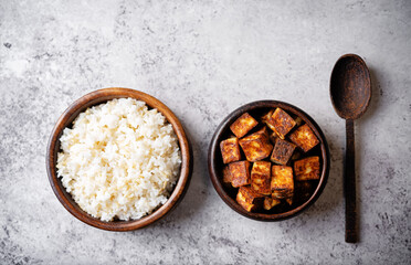Wall Mural - Fried Paneer with bowl of rice and eggplants