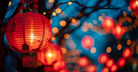 Happy chinese new year with traditional red lantern hanging for celebration, blurred street night background with copy space