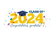 Congratulations graduates vector illustration. Class of 2024 trendy design template with graduation cap and colorful confetti isolated on white background. Grad ceremony typography concept.