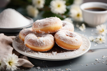 Wall Mural - Freshly baked homemade donuts with powdered sugar on white plate, on the wooden table