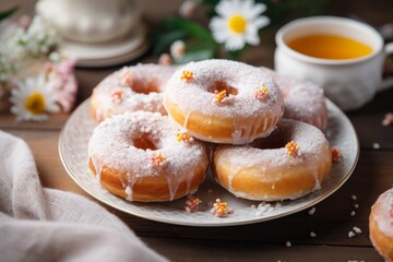 Wall Mural - Freshly baked homemade donuts with powdered sugar on white plate, on the wooden table