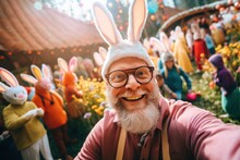 Festive Easter Crowd Celebrating With Bunny Ears, Grandpa's Selfie, And A Joyous Atmosphere.