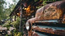 A Rusty Old Truck In Front Of A Building