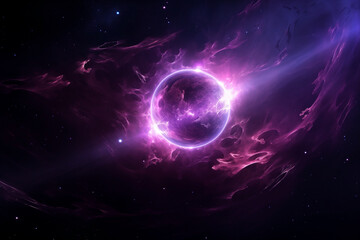 Wall Mural - planet purple fictional abstract in dark space with dots of stars, flashes