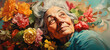 An old woman smiling with roses