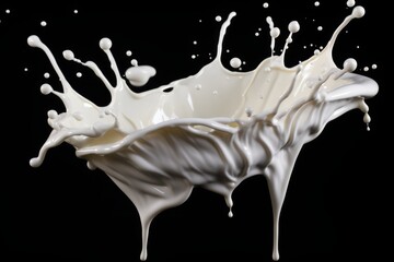 Creative milk or white liquid splash on black background for design and advertising projects