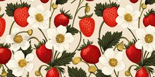 Summer Seamless Pattern And Card Design With Wild Strawberries And Flowers, Seasonal Strawberry Wallpaper, Cute Design For Fabric, Interior Decor