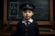 Child in grad uniform with blackboard in the background