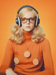 Blonde young woman in the 70s with orange clothes and headphones, Generative AI