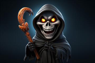 Sticker - Halloween characters horror 3D illustration. Halloween character like grim reaper mascot cartoon