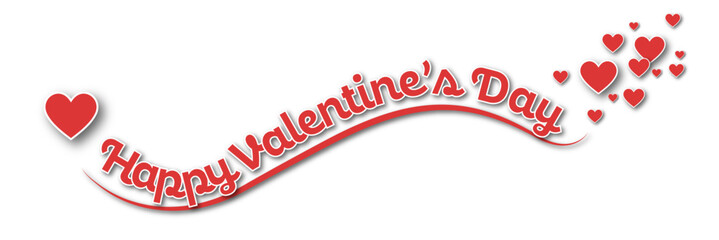 White background - Happy Valentine's Day Text - in Red with White Outline on Red Swooping Underline Curve - Large and Small Red Hearts Accent the Beginning and End of the Text