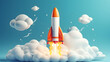 Space rocket flying toward the clouds, successful company concept,launching a fresh project start up concept