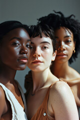 group of strong diverse confident women for empowerment feminism equality teamwork leadership poc with dark background studio light in magazine editorial look