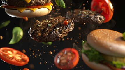 Wall Mural - 3D burgers flying in the air with detailed realistic grilled meat icons in an ultra-realistic collection.