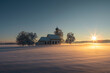 Bavarian church of Raisting with trees and snow and mist during winter and sunset, snow field in the foreground, blue sky day, Bavaria Germany.