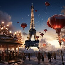 Enchanting Winter Evening At Eiffel Tower With Snow And Illuminated Balloons
