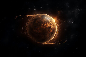 planet gold fictional abstract in dark space with dots of stars, flashes