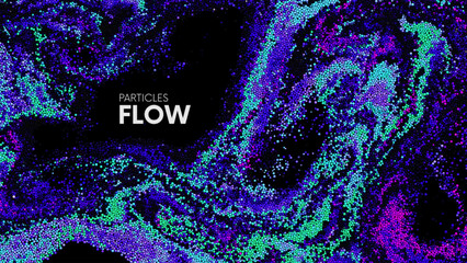 Wall Mural - Neon gradient dots randomly flowing and swirling in colorful liquid stream. Colorful particles in chaotic motion. Abstract dynamic particles background for banner, flyer, poster. Vector Illustration