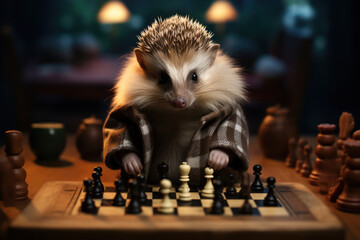 Poster - A hedgehog engaged in a friendly game of chess, showcasing the strategic prowess of spiky woodland creatures. Concept of hedgehog chess masters. Generative Ai.