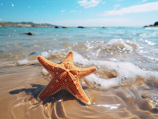 Wall Mural - Starfish on the beach in the spray of sea waves. Generated by artificial intelligence