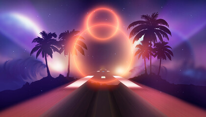 Wall Mural - Abstract futuristic neon landscape with palm trees. 3D illustration