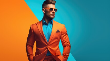 Wall Mural - Portrait of attractive male in colorful bright lights posing in studio, Portrait of Handsome man with dressing trendy on colorful background.