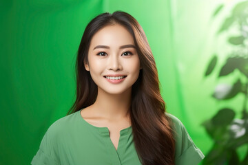 Portrait of a young beautiful smiling asian girl on a natural green background