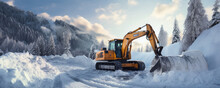 Modern Excavator On Winter Road. Snow Remove From The Road With An Excavator Heavy Machine.