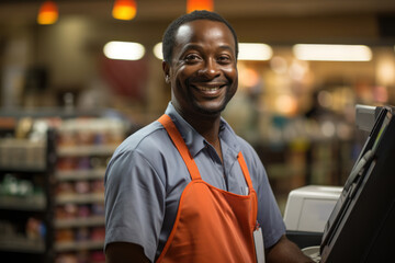 Wall Mural - A genuine smile from a cashier brightening a customer's day, exemplifying the unexpected yet powerful moments of empathetic connection in daily life. Generative Ai.