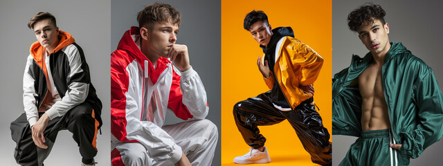 Wall Mural - Four male models in various poses wearing sports jackets and trousers in white, red, yellow, and green, against grey and orange backgrounds.