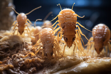 Sticker - A scene of termites and their gut symbionts, showcasing the complex mutualistic relationship that aids in the digestion of cellulose. Generative Ai.