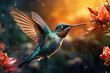 A hummingbird hovering near a vibrant flower, capturing the essence of nature's fastest avian species. Concept of agile wildlife. Generative Ai.