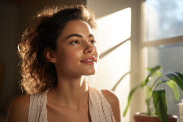 Poster - A person engaging in a morning skincare routine, prioritizing self-care as they prepare for the day. Concept of morning skincare. Generative Ai.