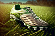 Green football boots on the grass of a football field.